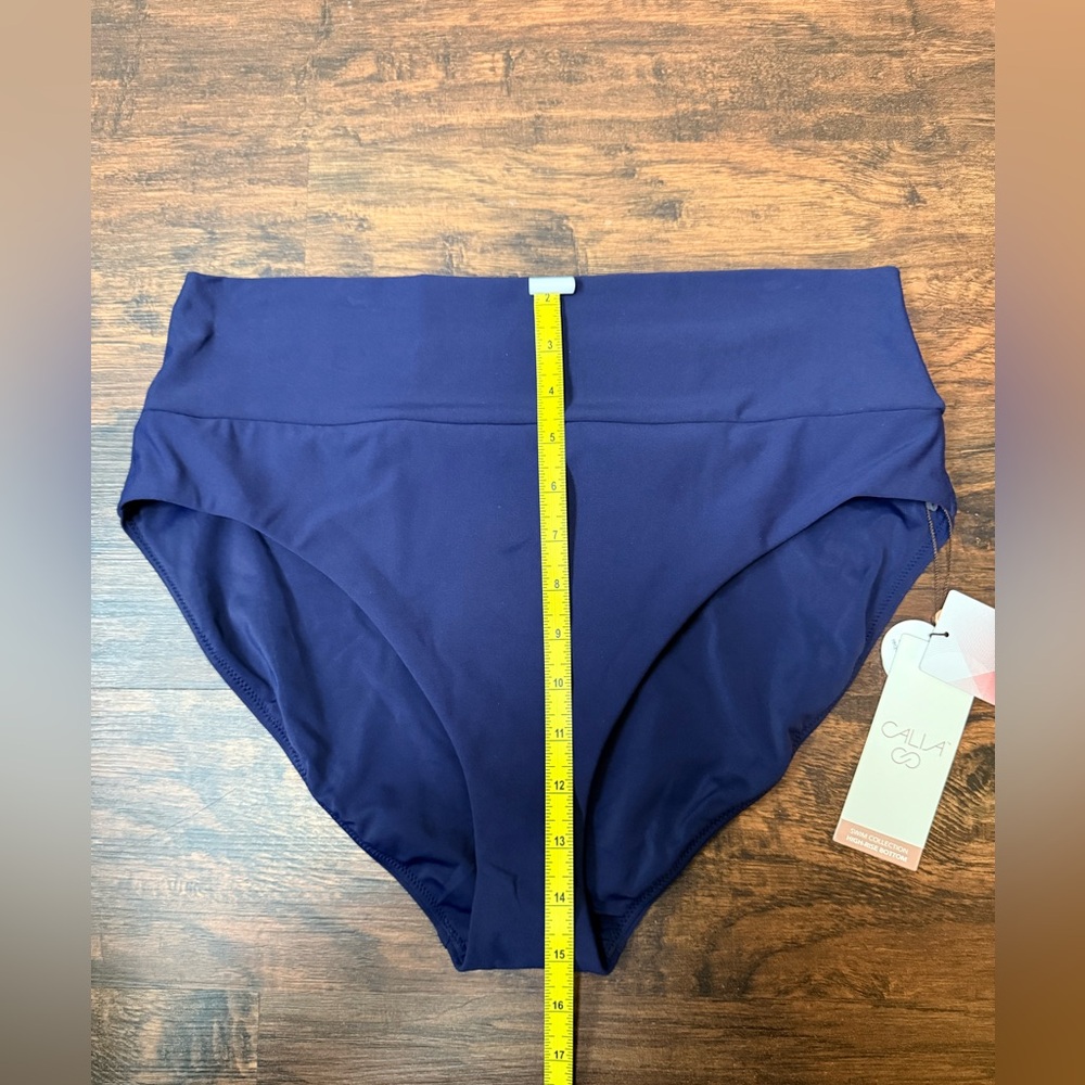 CALIA Wide Banded High Rise High Leg Swim Bottoms Navy Blue Sz L Flattering NWT - Picture 9 of 11